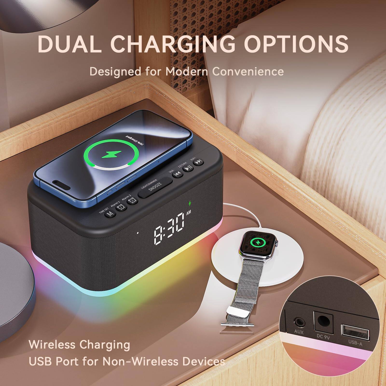 DUAL CHARGING OPTIONS  
Designed for Modern Convenience  

Wireless Charging  
USB Port for Non-Wireless Devices  

AUX DC 9V USB-A