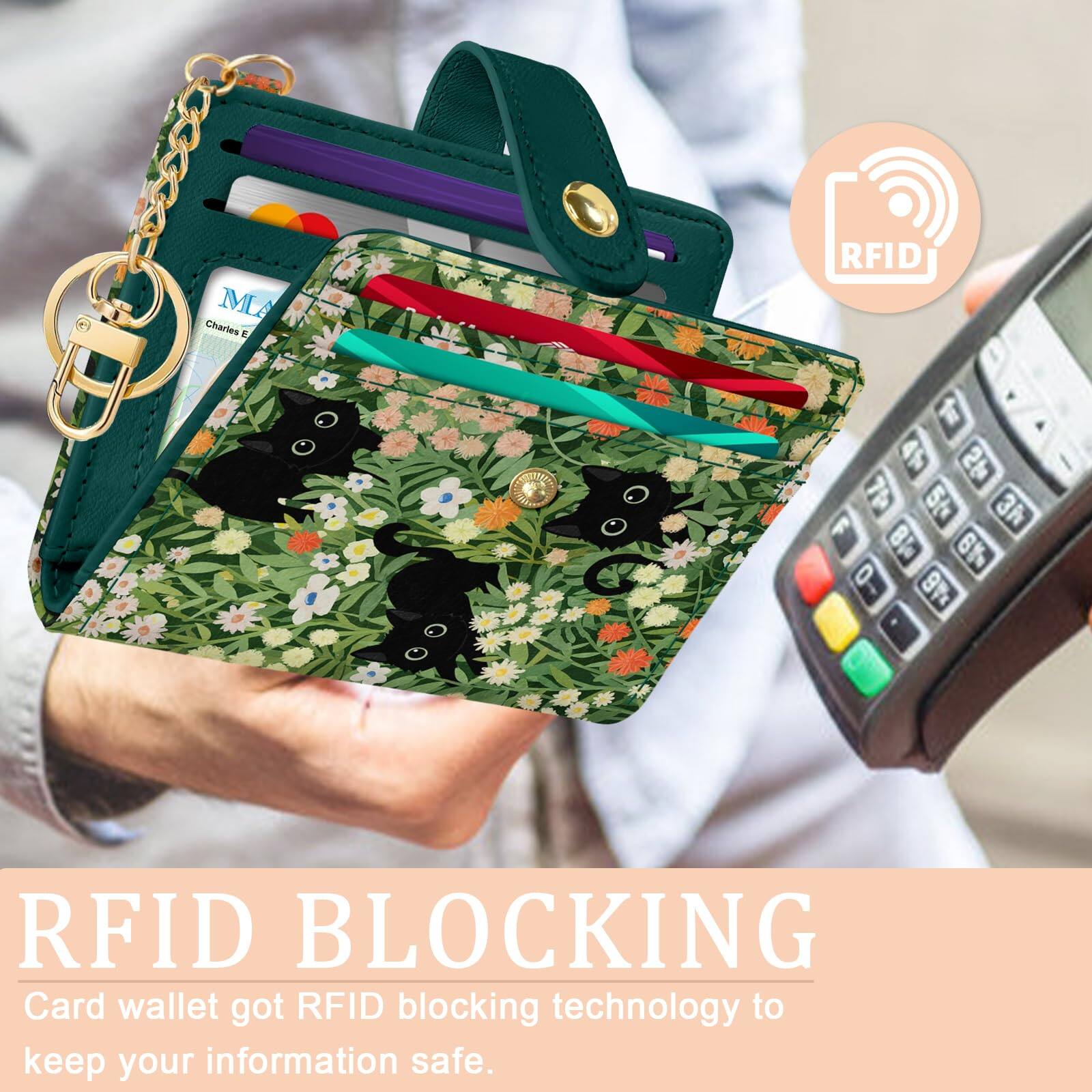 Back. Jadie Link - Black Cat Floral Rfid Women Wallet Small Slim Thin Credit Card Leather Bifold Zipper Pocket Window Female Ladies Teen - Mandala.