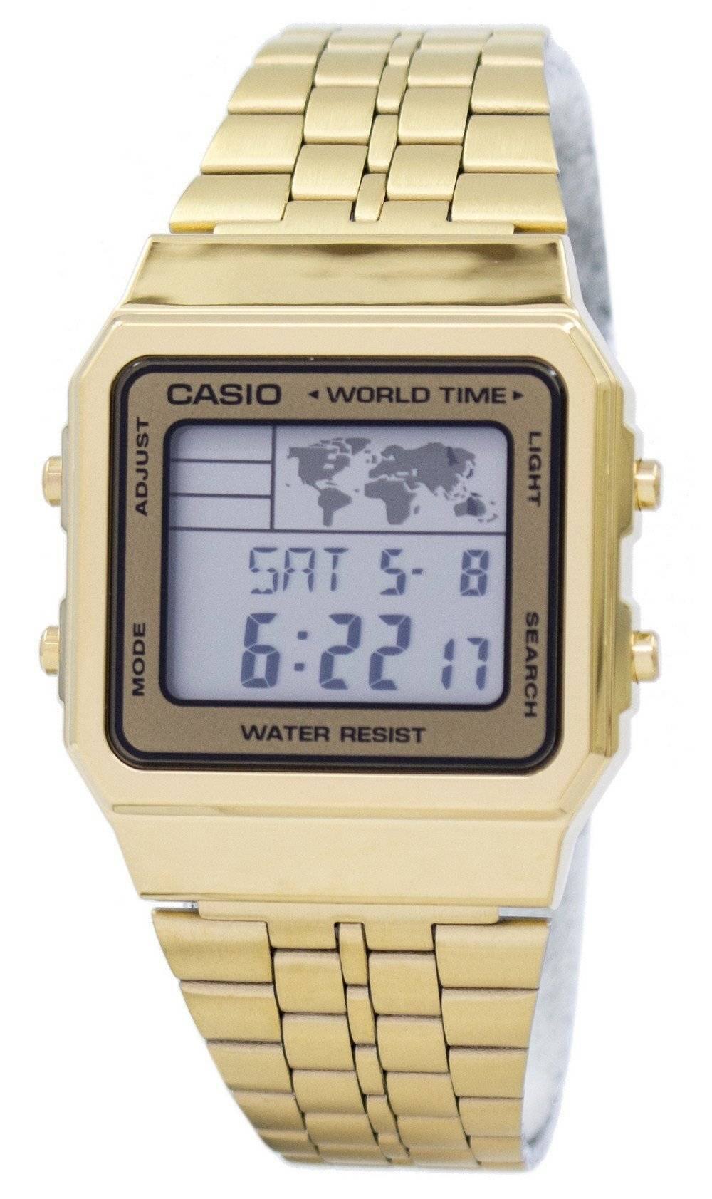 CASIO  
WORLD TIME  

ADJUST  
MODE  

LIGHT  
SEARCH  

SAT 5-8  
6:22 17  

WATER RESIST