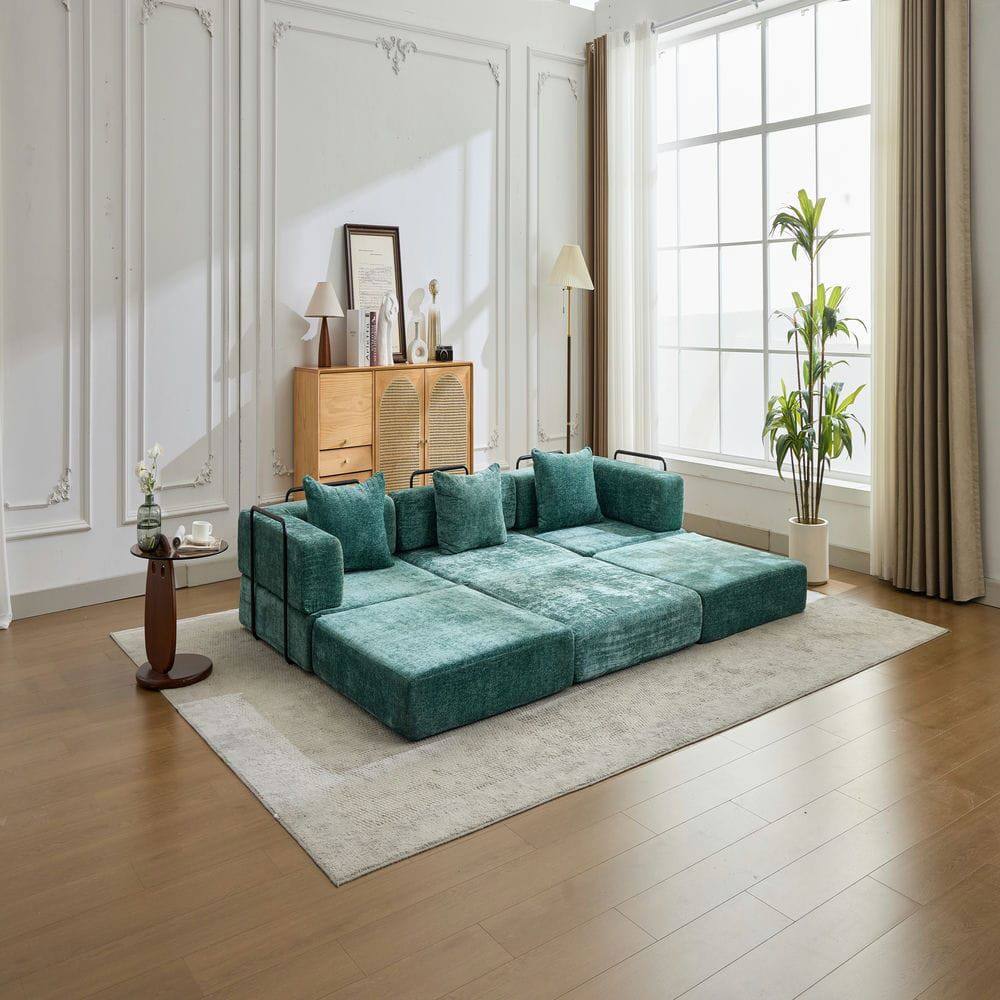 Alt View 1. Resenkos - Boneless Modular Sectional Sofa, Convertible Floor Bed with Fixed Frame and Chenille Fabric, Dark Green - Green.