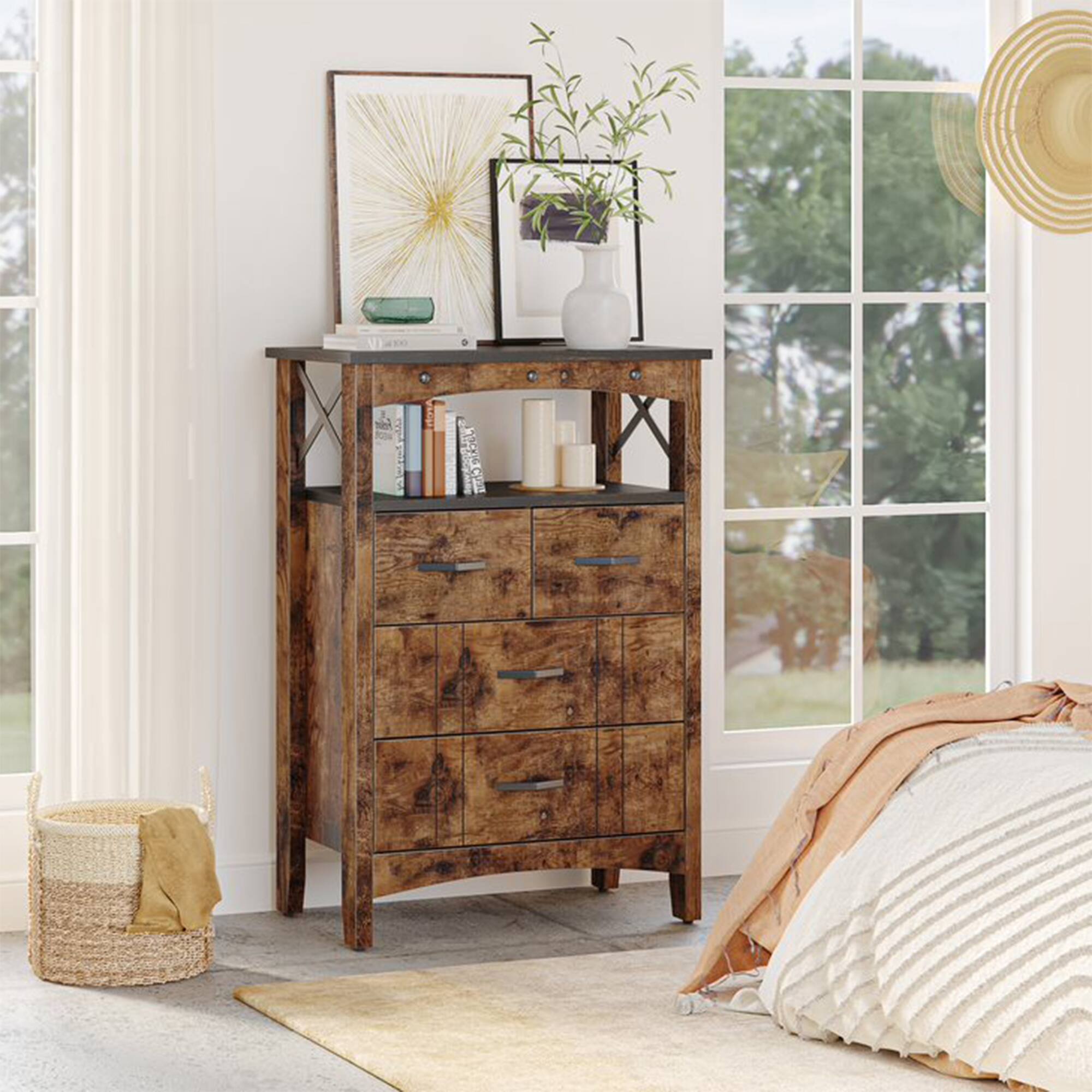 Alt View 4. Bestier - Bestier Living Room Storage Cabinet with 2 Shelves and 4 Drawers, Dark Brown - Dark brown.