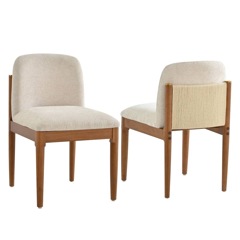 Left. Loheer - Loheer Modern Dining Chairs Set of 2 Walnut Solid Wood Legs Woven Rope Backrest Kitchen Chairs Beige Upholstered - Walnut.