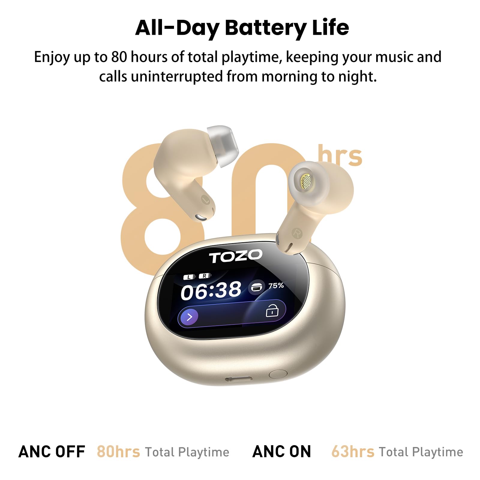 All-Day Battery Life

Enjoy up to 80 hours of total playtime, keeping your music and calls uninterrupted from morning to night.

ANC OFF 80hrs Total Playtime

ANC ON 63hrs Total Playtime