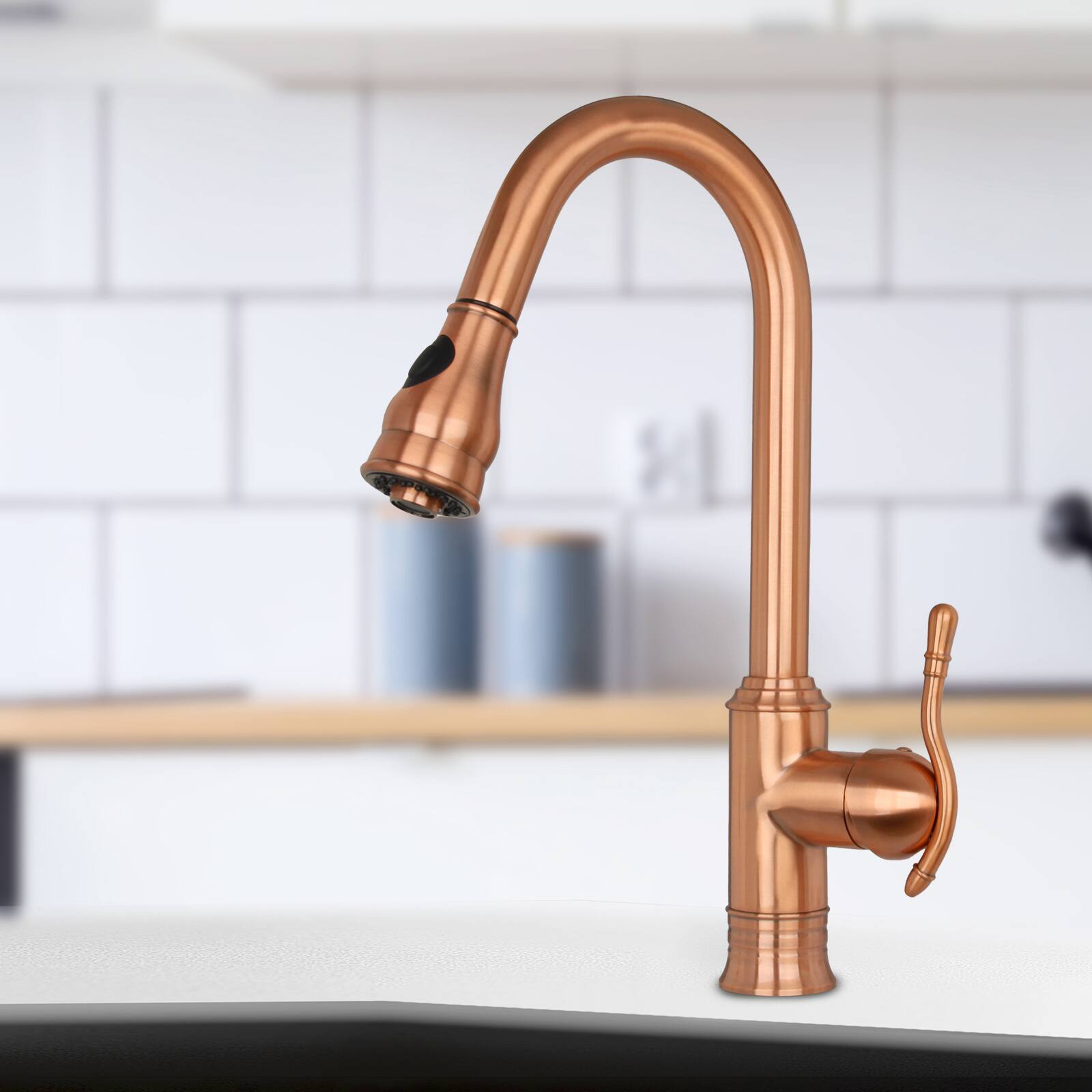 Alt View 2. Akicon - Akicon Solid Brass Single Handle Kitchen Faucet with Pull Down Sprayer in Copper - Copper.