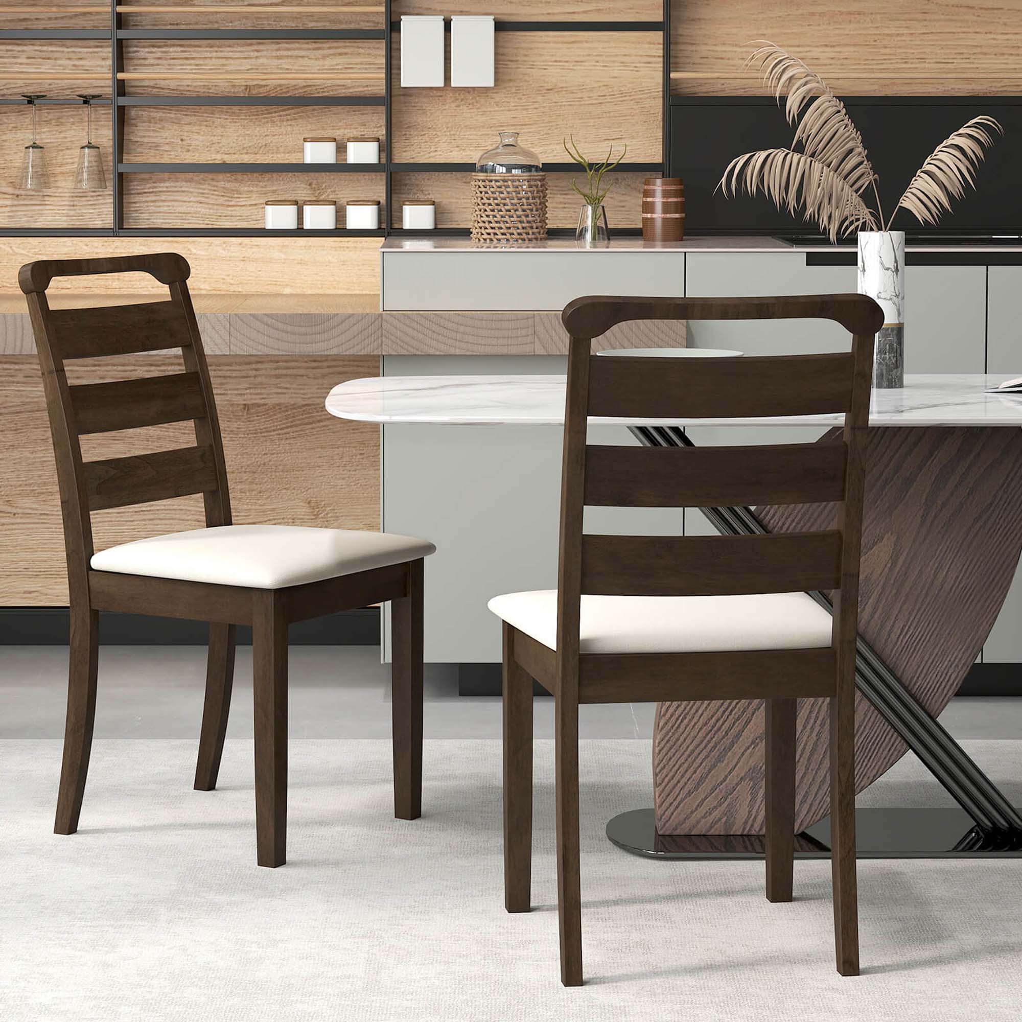 Back. Costway - Modern Dining Chair Set of 2 Upholstered Farmhouse Chairs with Rubber Wood Frame - Brown + White.