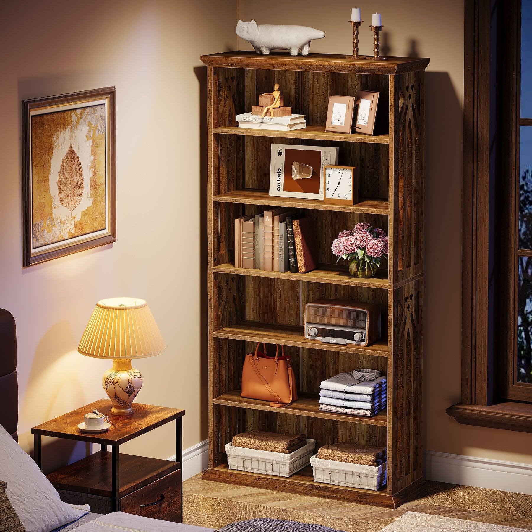 Angle. Tribesigns - Bookshelf with Engineered Wood Construction and Book and Decor Display for Living Room and Bedroom - Brown.