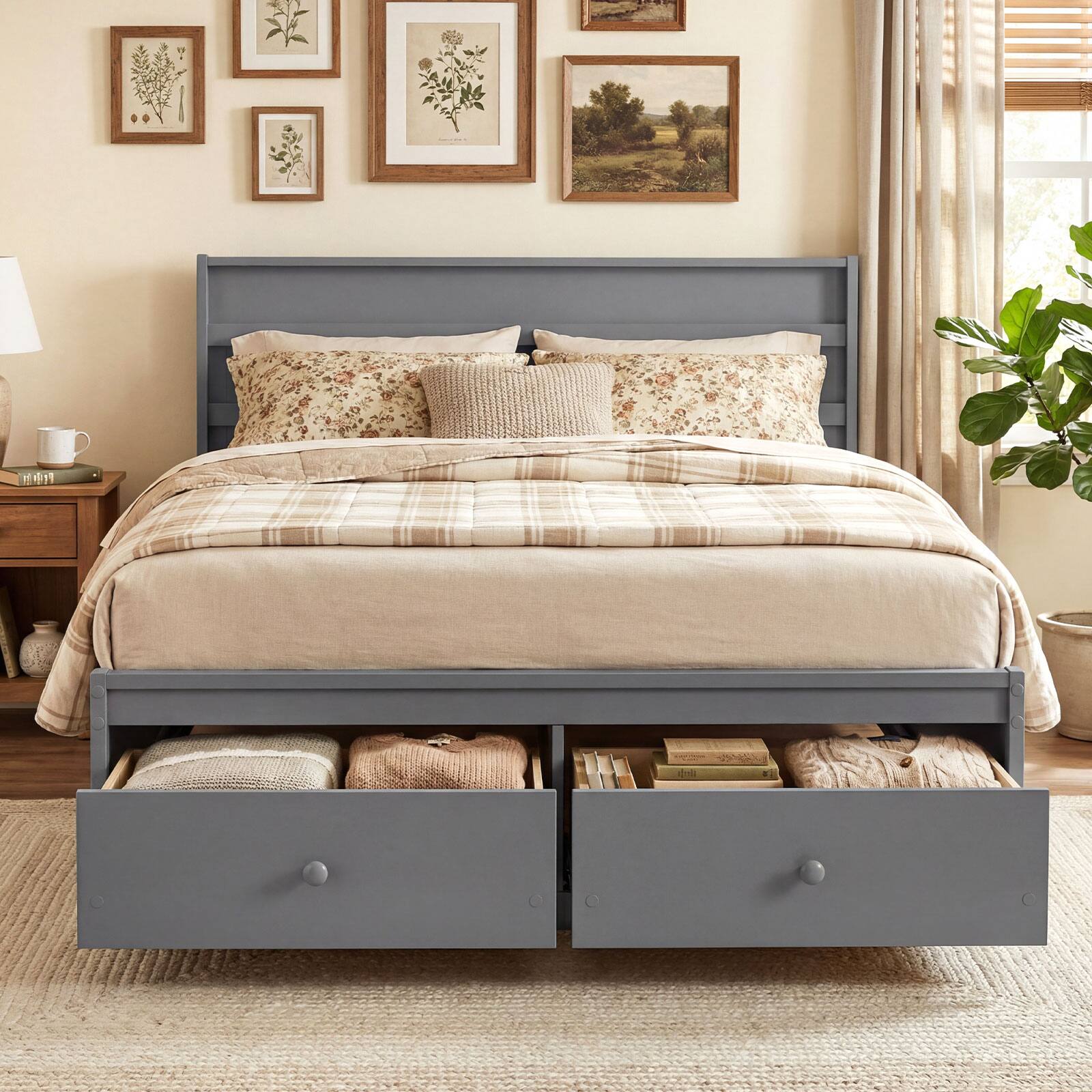 Alt View 4. Gymax - Gymax Full Size Bed Frame w/Storage Drawers Headboard Wooden Slat Support Gray - Grey.