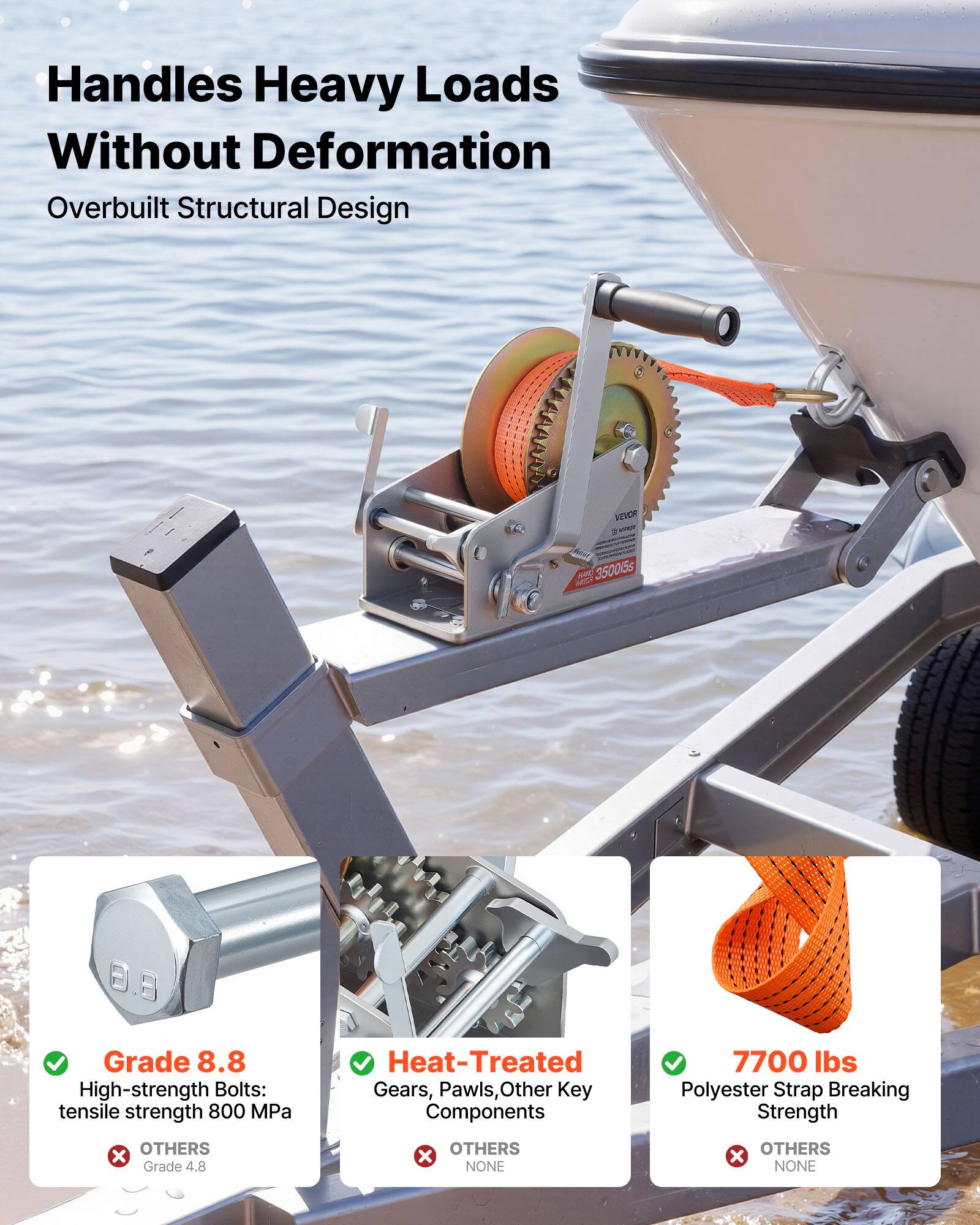 Handles Heavy Loads Without Deformation  
Overbuilt Structural Design  

FEVOR T 35005s  
MC Grade 8.8 High-strength Bolts: tensile strength 800 MPa  
Heat-Treated Gears, Pawls, Other Key Components  
7700 lbs Polyester Strap Breaking Strength  

OTHERS x Grade 4.8  
OTHERS x NONE  
OTHERS x NONE