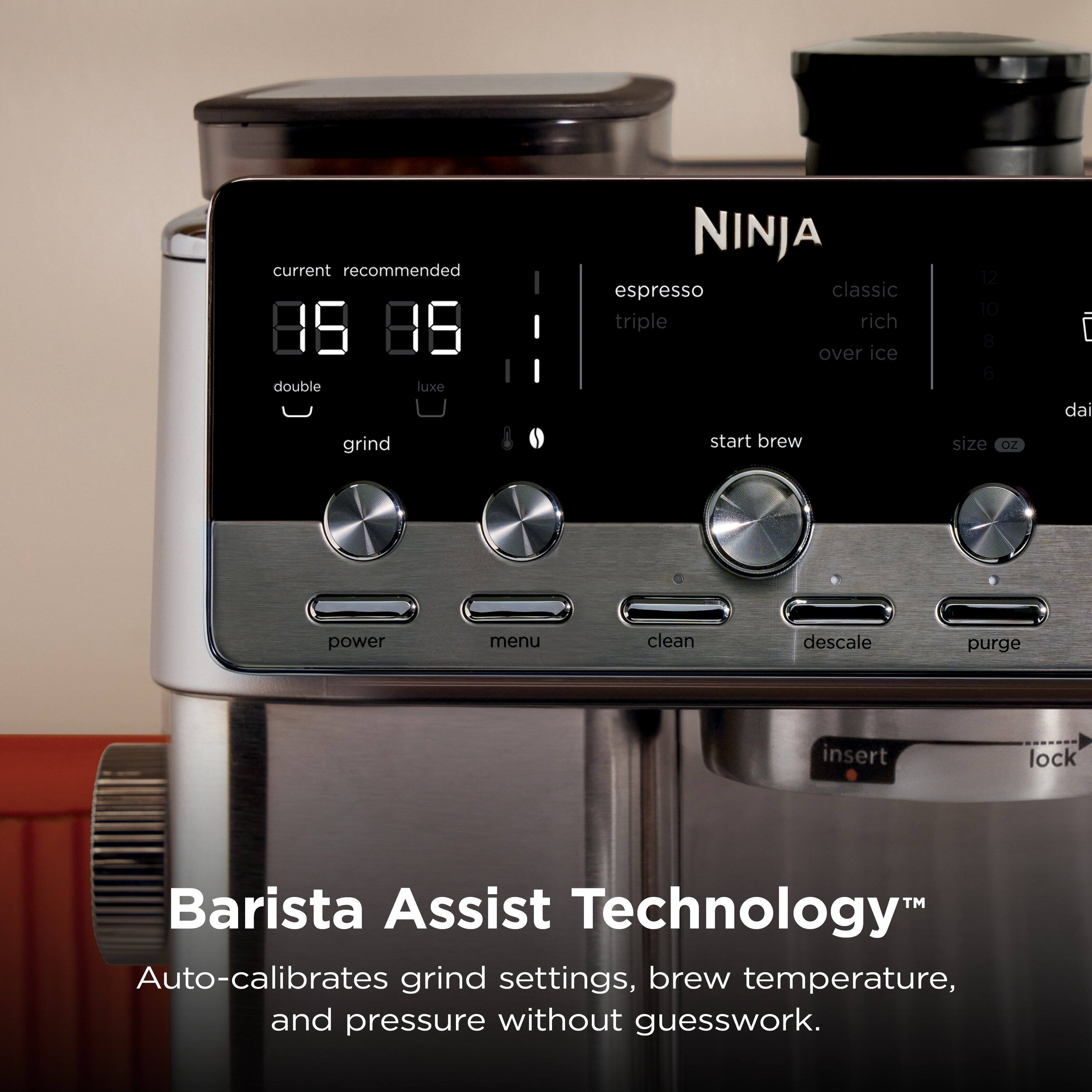 current recommended 00 06 double luxe NINJA espresso classic triple rich over ice 12 10 8 a dai grind start brew size OZ power menu clean descale purge insert lock Barista Assist Technology Auto-calibrates grind settings, brew temperature, and pressure without guesswork.