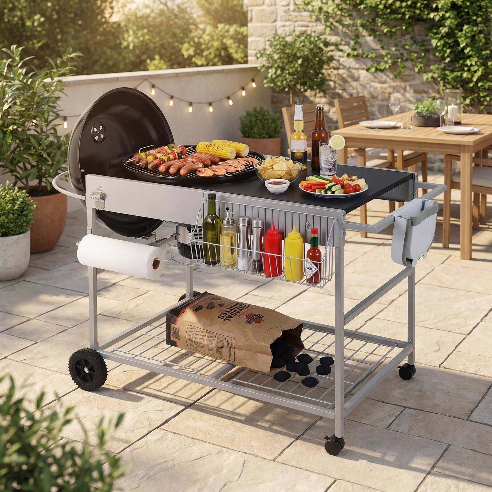 Alt View 1. Costway - Costway Outdoor Grill Table for 18" & 22" Weber Original Kettle with Wire Rack, Garbage Can - Silver + Black.