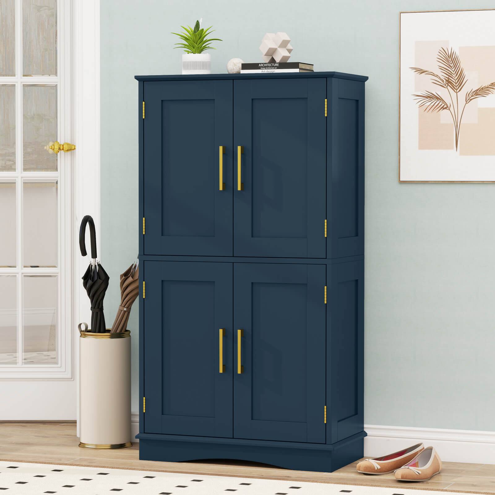Alt View 1. Costway - Costway Bathroom Floor Storage Cabinet 43.5" Freestanding Pantry Cabinet with 4 Doors - Blue.