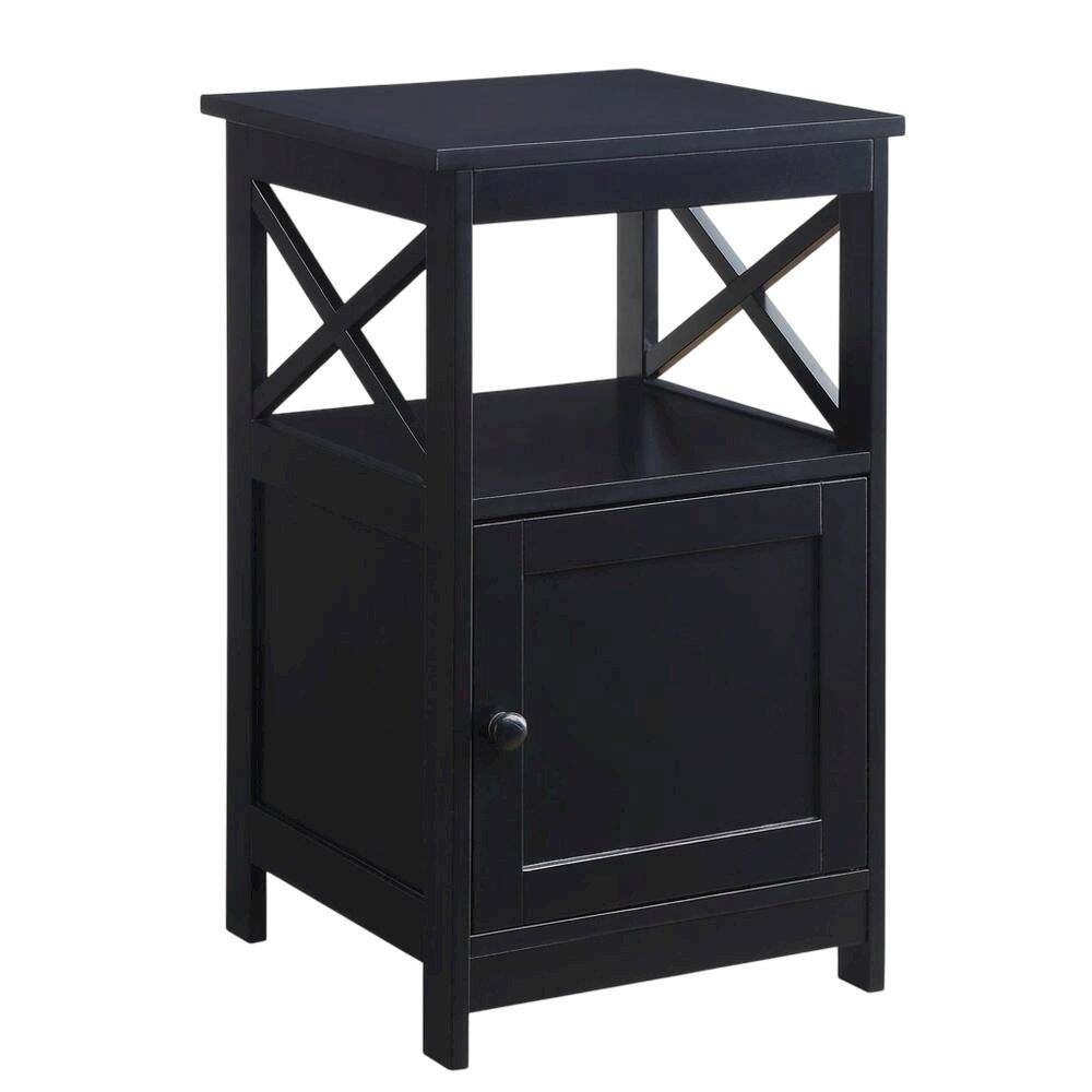 Front. FurniFact - Wooden End Table with Cabinet for Living Room or Bedroom Use - Black.