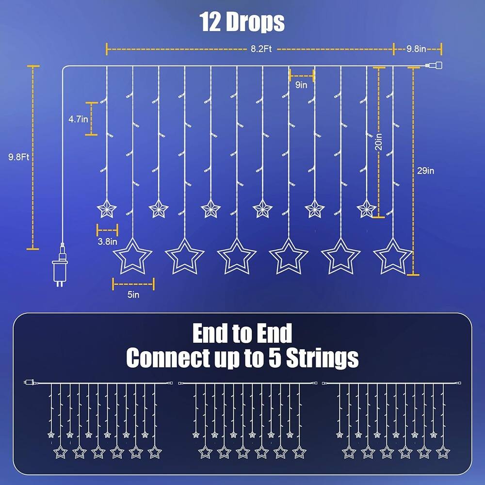 12 Drops  
8.2Ft  
9.8in  
9.8Ft  
4.7in  
9in  
20in  
29in  
3.8in  
5in  
End to End  
Connect up to 5 Strings