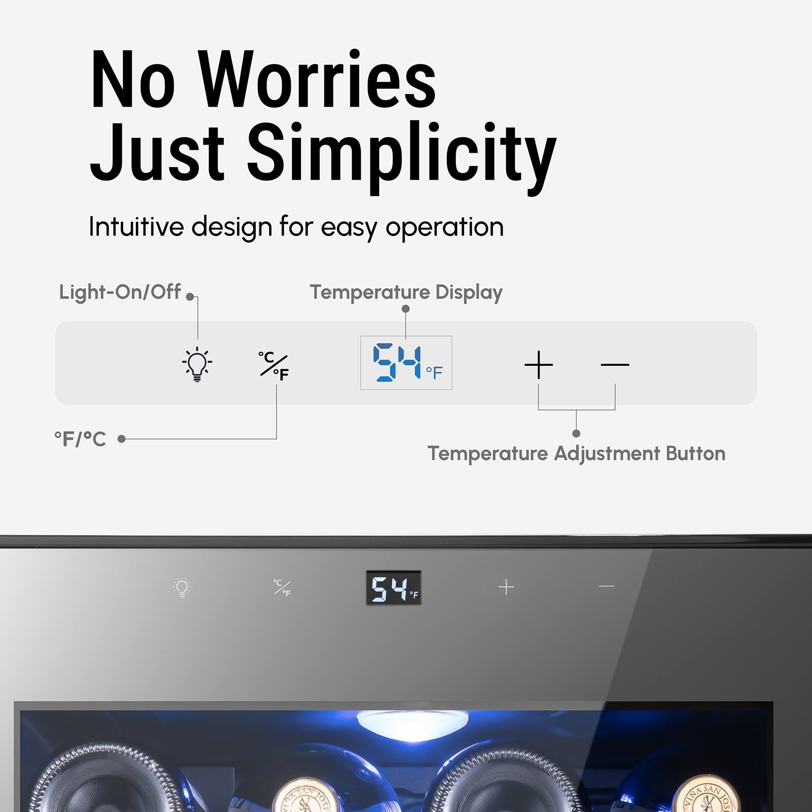 No Worries Just Simplicity
Intuitive design for easy operation
Light-On/Off
Temperature Display
°F °C
°F
°F
Temperature Adjustment Button
°F/°C
54
°F
+ -
eI SK CAN ENIA VANTION OT