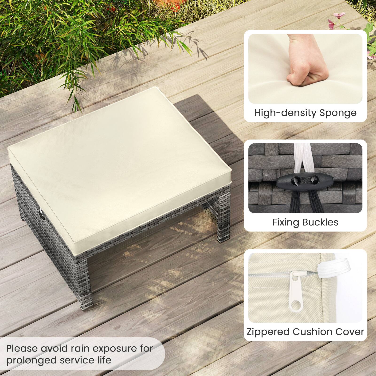 High-density Sponge  
Fixing Buckles  
Zippered Cushion Cover  

Please avoid rain exposure for prolonged service life