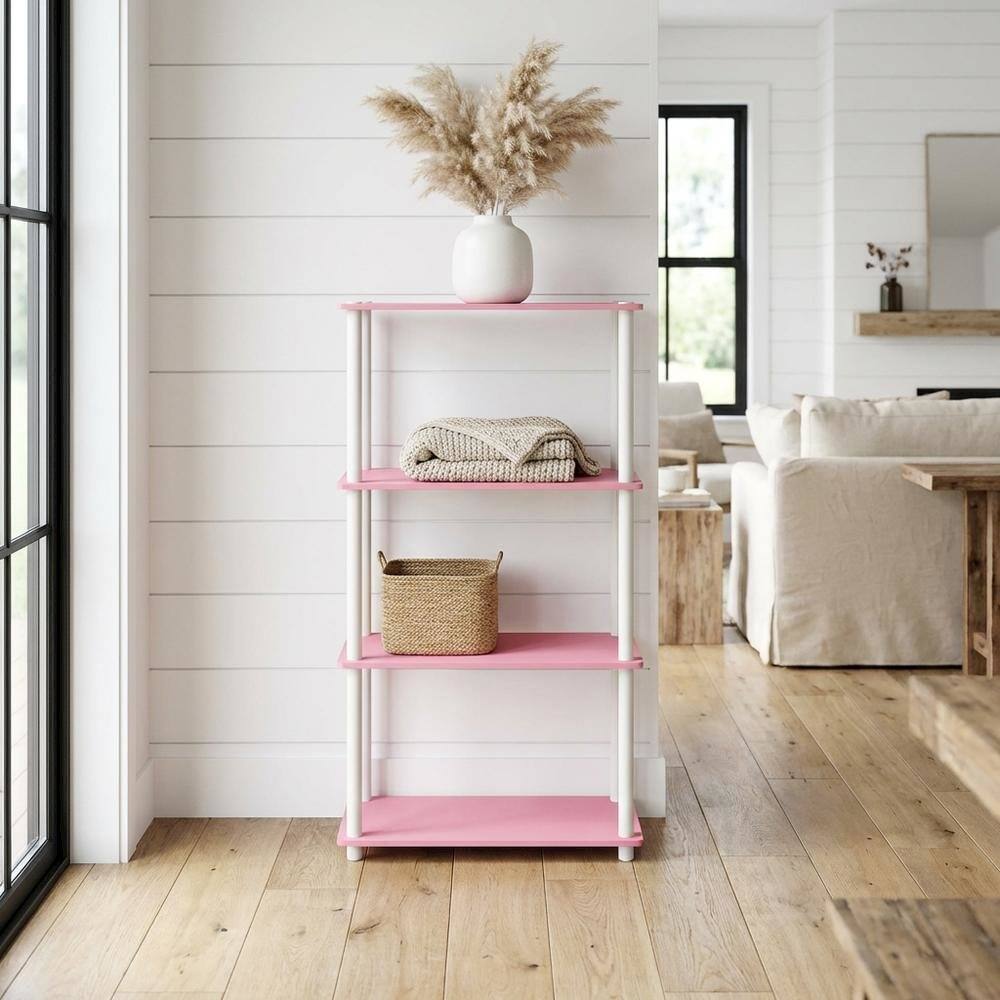 Angle. FurniFact - Wooden Bookcase with Open Shelving for Living Room Storage - Pink/White.