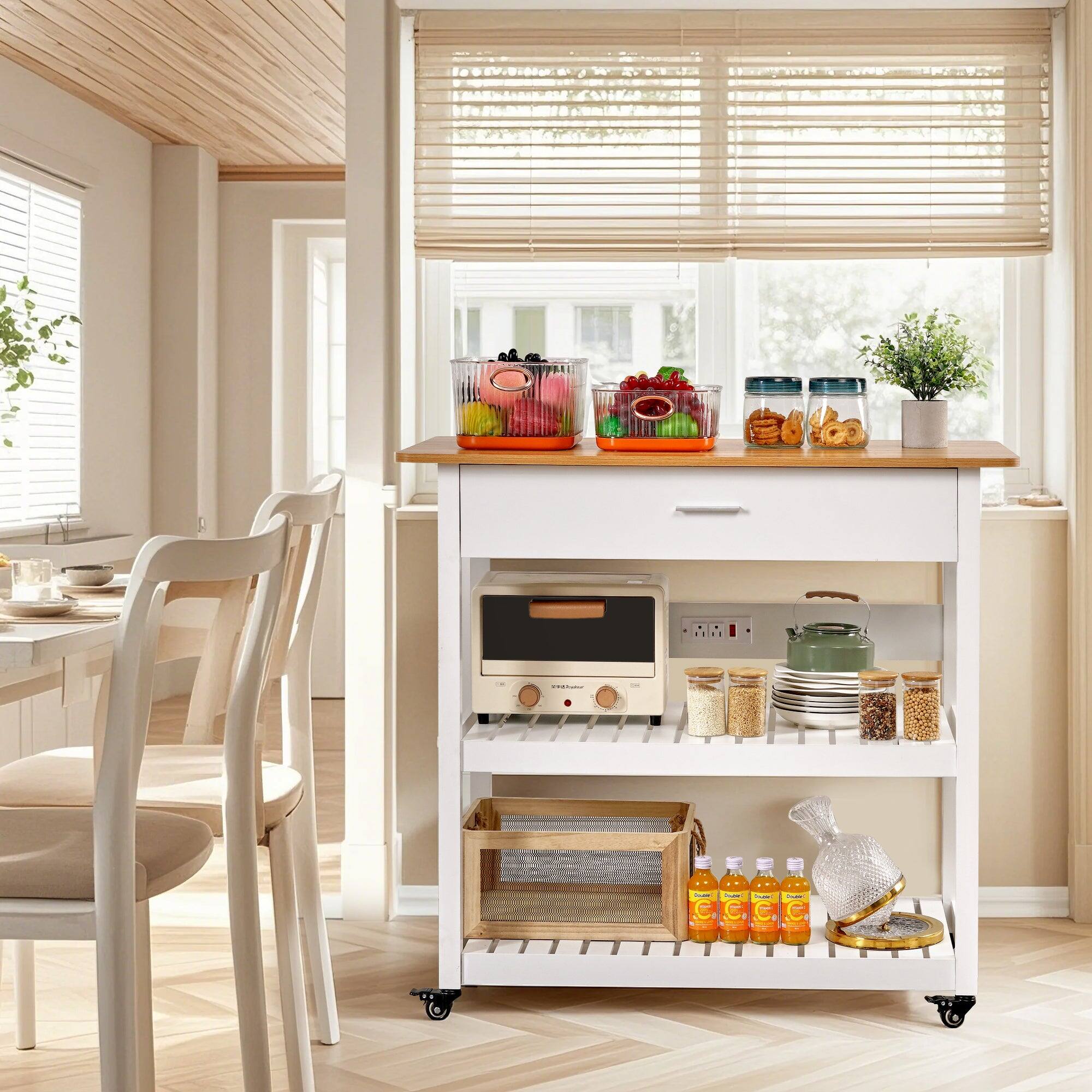 Alt View 1. Vecelo - 3 Tier Rolling Kitchen Cart with Power Outlet, Microwave Cart on Wheels, Storage Serving Cart with Charging Station - White.