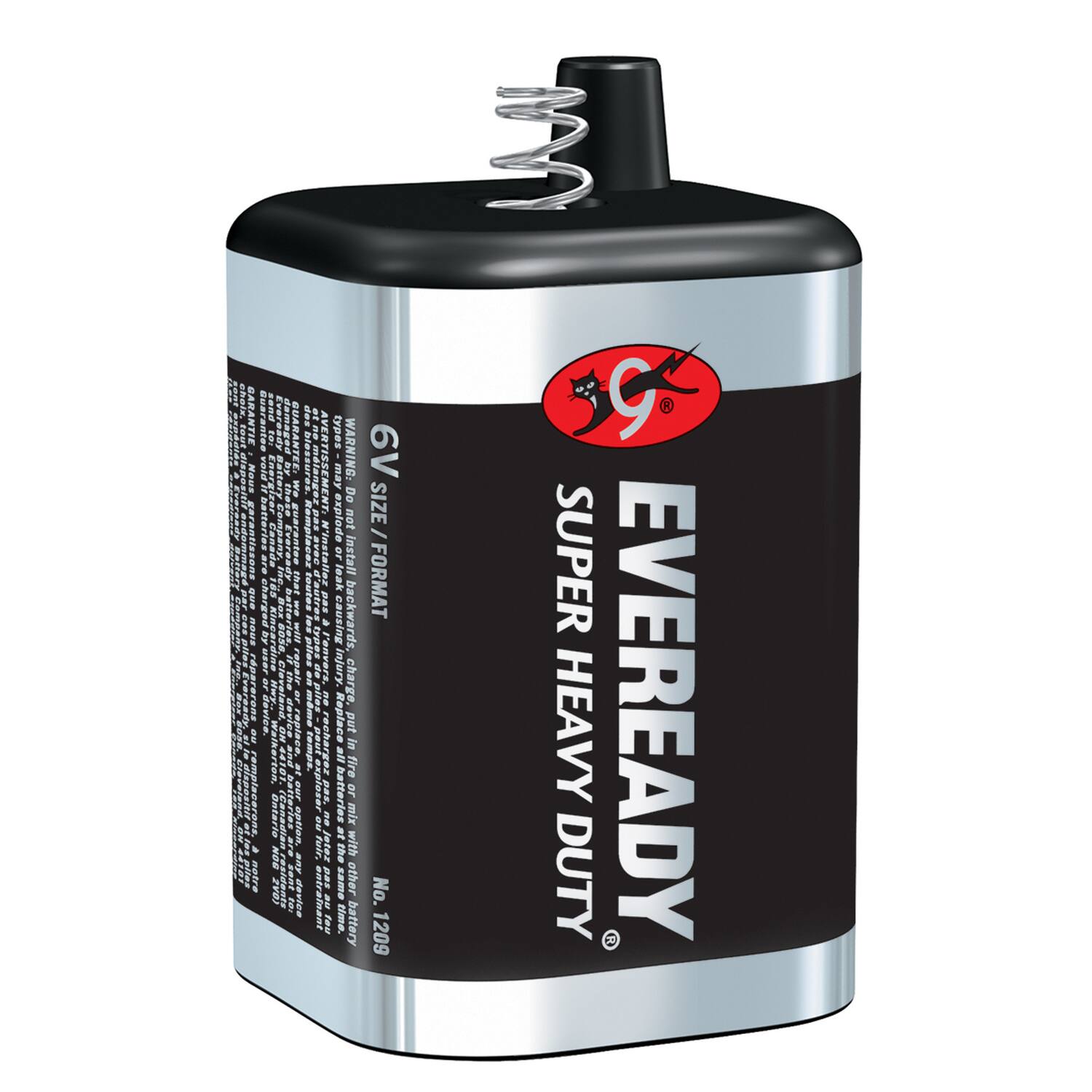 ART
choix. GARANTIE Guarantes Eveready damaged tout Nous garantissons zer_Canada pany. par que nous usar rarons RD artan, Ontario netre 2VOY
GUARANTE des We blessures. guarantes that Remplacez WS toutes will our option. any device
stallez l'envers. 88 fulf, pas feu
types WARNING: may Do explode install not leak injury. causing backwards, Replace charge. put all in fire batteries or mix the with same other time. battery
6V SIZE / FORMAT No. 1209
G SUPER HEAVY DUTY EVEREADY