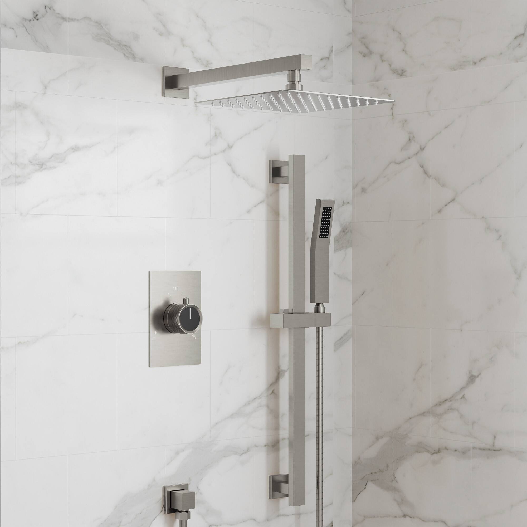 Angle. GRANDJOY - 10" High Pressure Rain Shower System with Handheld Shower and 2-Function Mixer Valve - Brushed Nickel.