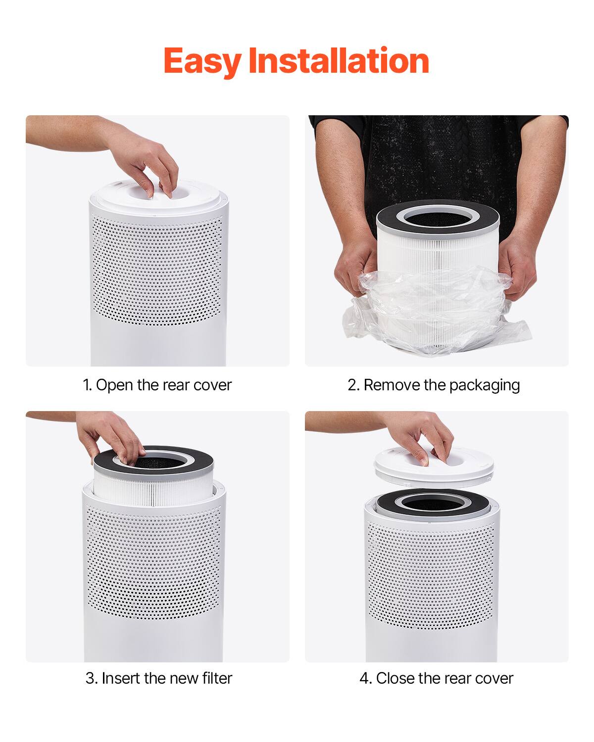 Easy Installation

1. Open the rear cover

2. Remove the packaging

3. Insert the new filter

4. Close the rear cover