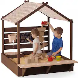 Best Choice Products - Sandbox w/ Canopy, Wooden Sand Box w/ Water Table, Bench Seat, Outdoor Kids Playset - Beige