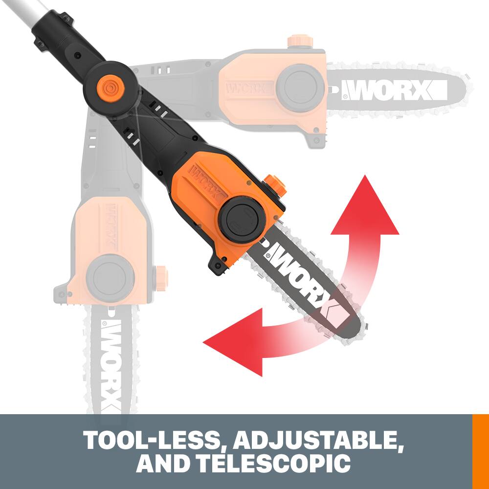The text on the image reads "WORX TOOL-LESS, ADJUSTABLE, AND TELESCOPIC."