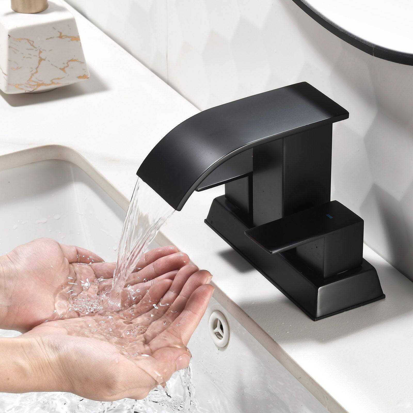 Alt View 4. Boyel Living - Black 4 Inch Centerset Faucet SUS304 Waterfall Spout 1.2GPM Dual Handle Pop Up Drain - Matte Black.