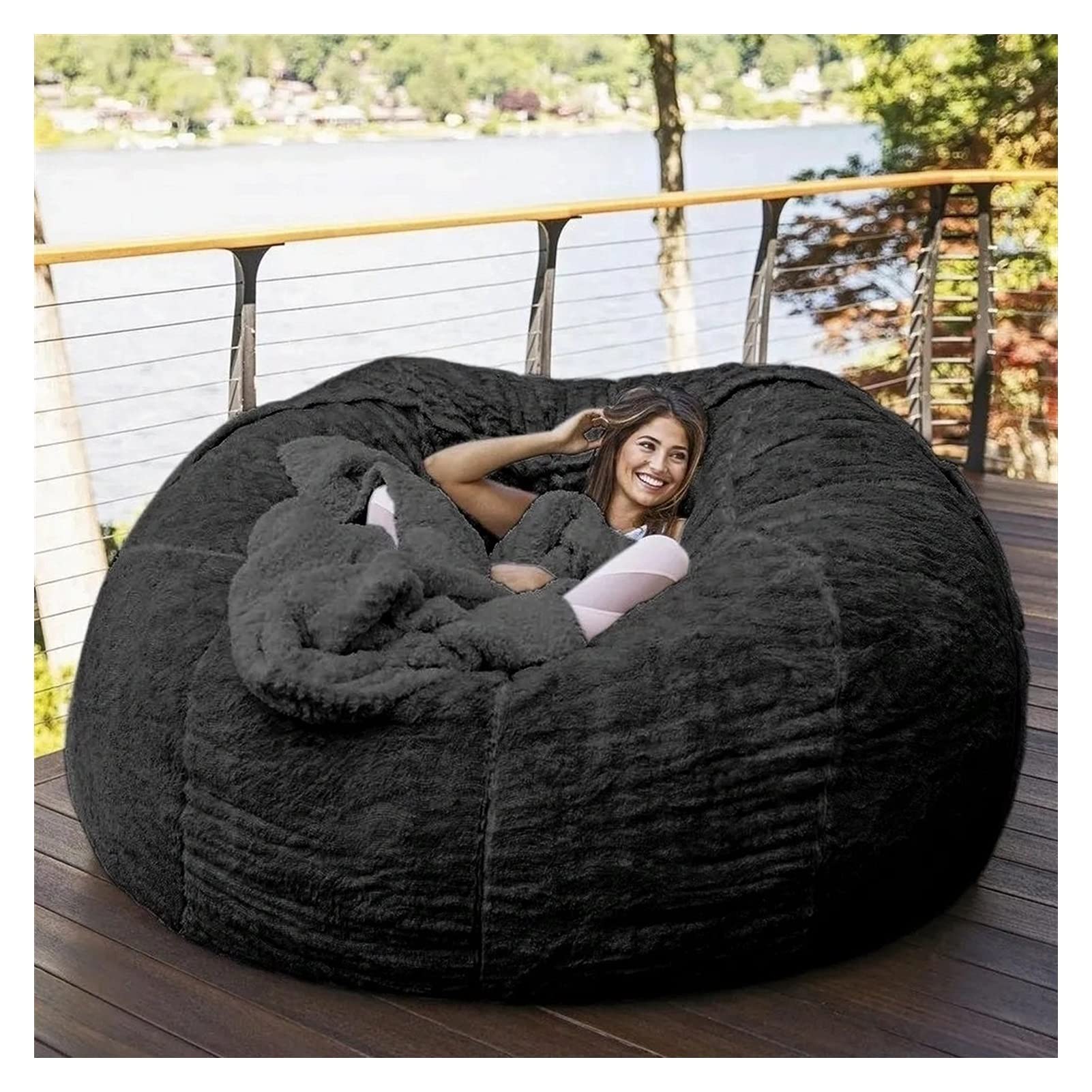 Front. PO3TICJUNKI3 - Bean Bag Giant Chair Cover For Adults without Filling Comfy Fluffy Round Beanbag Lazy Sofa Reading Floor Be - Black.