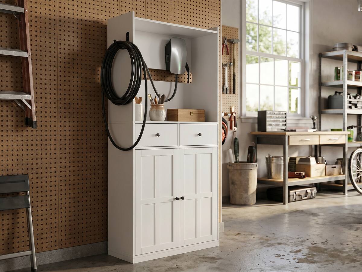 Back. Famapy - Modern Garage EV Charger Storage Cabinet with Cable Hooks, 2 Drawersr for Tools and Charging Station - White.