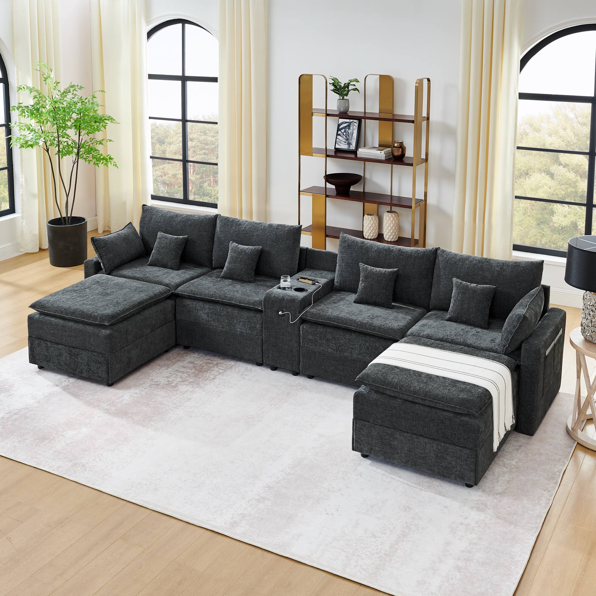 Front. Anysun - 143.8" U-Shaped Modular Comfy 4-6 Seater Sectional Sofa with Center Console, Cup Holders, USB Charger & Movable Ottoman - Black.