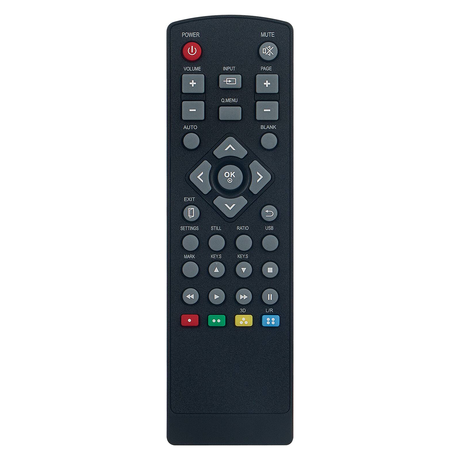 Sure, here is the corrected and grouped text from the image:

- POWER
- MUTE
- VOLUME
  - +
  - -
- INPUT
- PAGE
  - +
  - -
- MENU
- AUTO
- BLANK
- Q.MENU
- EXIT
- SETTINGS
- STILL
- RATIO
- USB
- MARK
- KEYS
- 3D
- LR
- 44
- Il
- 3D
- LR