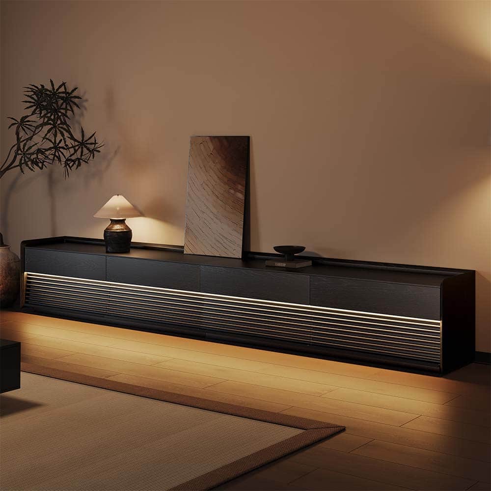 POVISON - 118"Fully-Assembled Mid-Century TV Stand, Modern Cabinet with Adjustable Light, Perfect for 95-inch TVs - Black