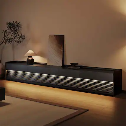 Front. POVISON - 118"Fully-Assembled Mid-Century TV Stand, Black Modern Cabinet with Adjustable Light, Perfect for 95-inch TVs - Black.