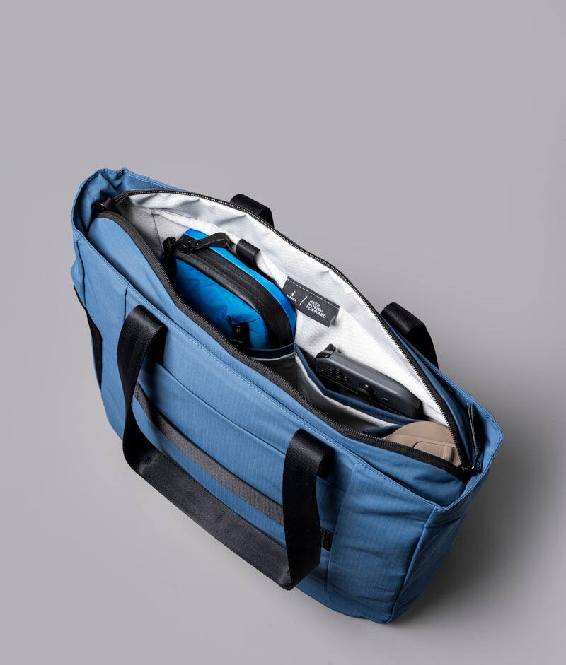Back. ALPAKA - Metro Tote Laptop Tote Bag for Work, Work Tote Fits 16" MacBook Pro, Side Bottle Pocket, Weather-Resistant, Key Tether - Blue Axoflux 210D.