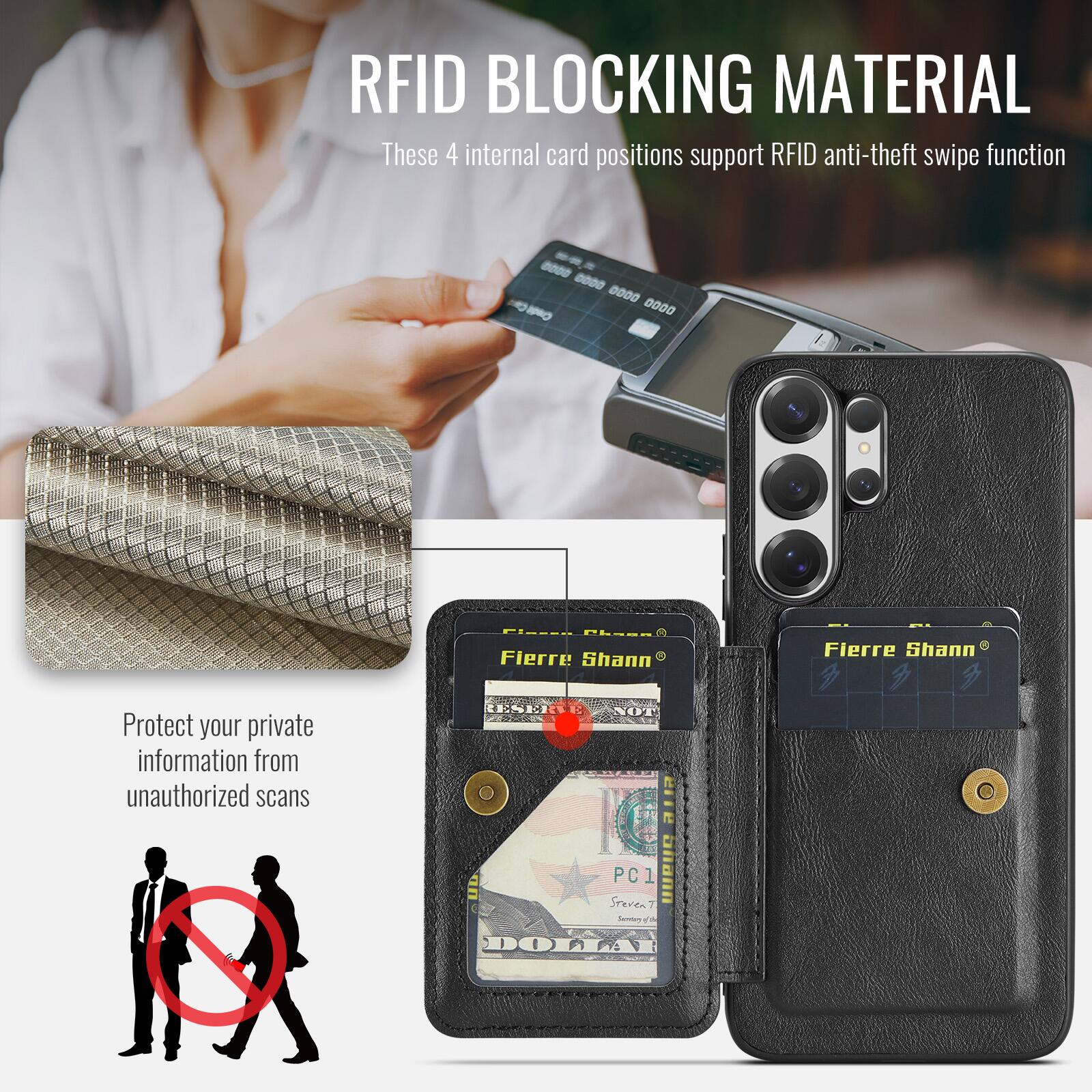 RFID BLOCKING MATERIAL

These 4 internal card positions support RFID anti-theft swipe function

Protect your private information from unauthorized scans