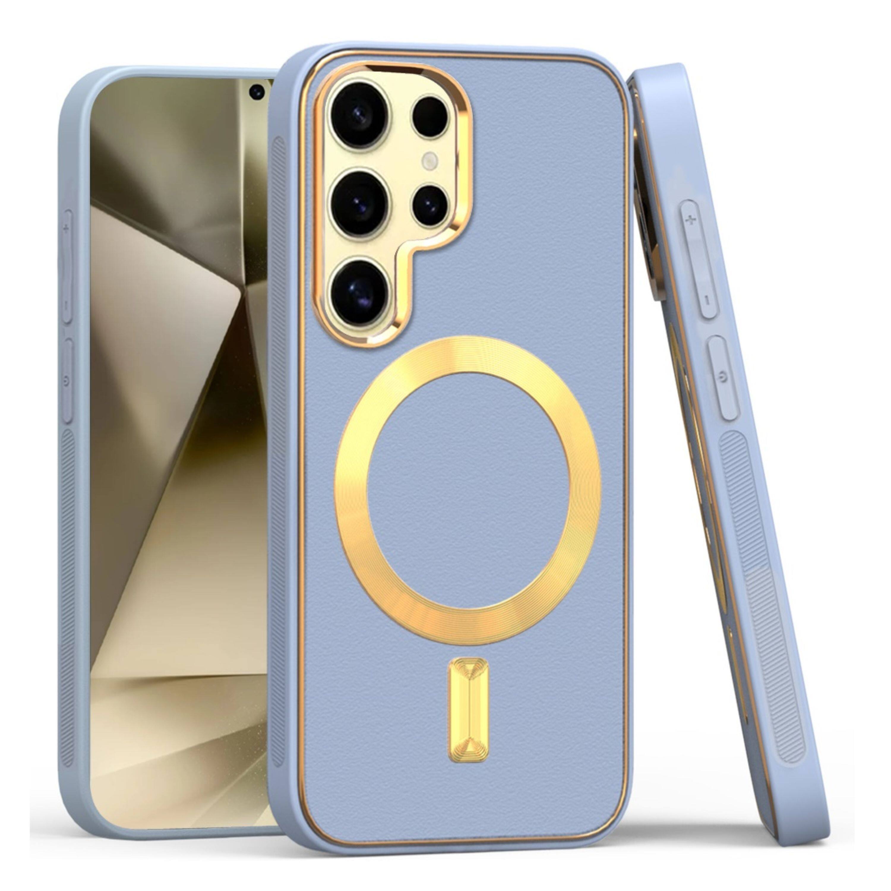 Left. Kitcheniva - Vegan Leather Magnetic Charging Phone Case For Samsung Galaxy S24+ Plus Light Blue - Light Blue.