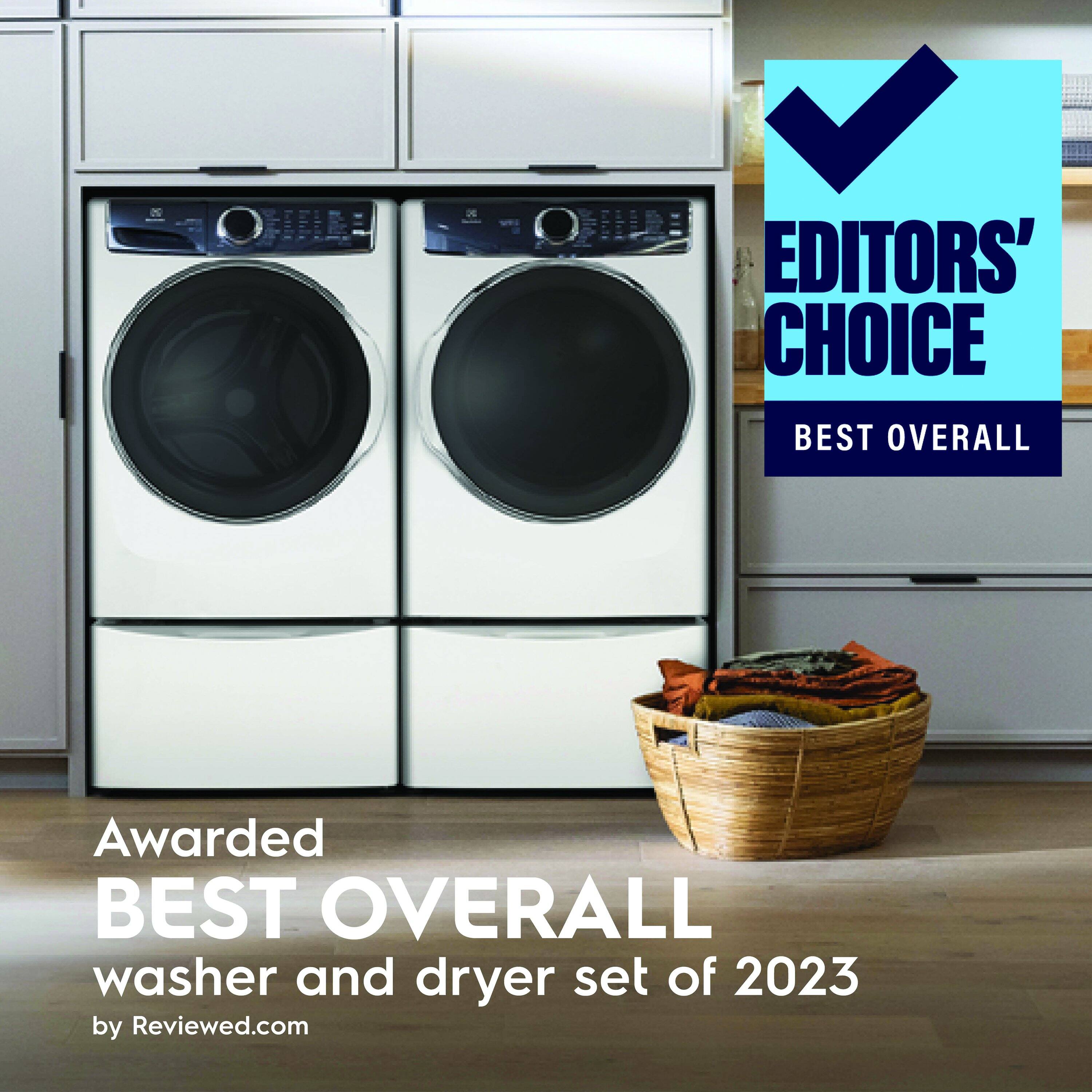 The text on the image reads: "25 2 EDITORS' CHOICE BEST OVERALL Awarded BEST OVERALL washer and dryer set of 2023 by Reviewed.com."