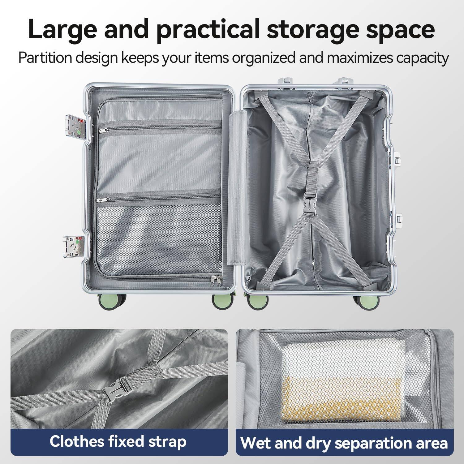 Large and practical storage space  
Partition design keeps your items organized and maximizes capacity  

1. Clothes fixed strap  
2. Wet and dry separation area
