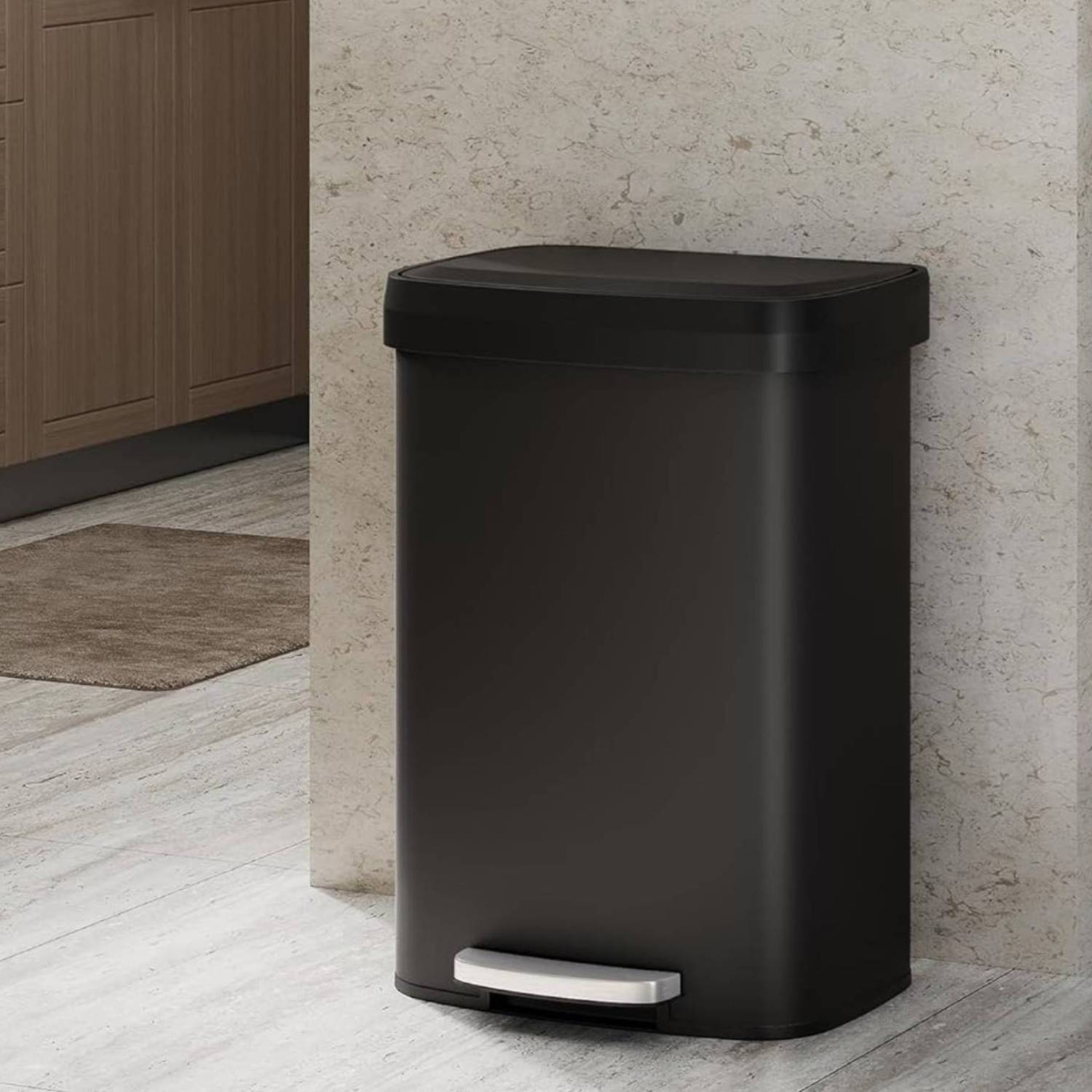 Qeetex - 13 Gal Step-on Stainless Steel Trash Can with Soft-Close Lid for Home, Kitchen, Office - Black