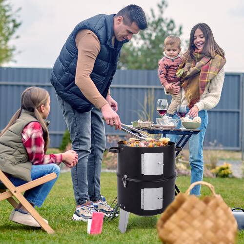 Alt View 9. Winado - 32in 3-in-1 Vertical Charcoal BBQ Smoker Round 2-Layer Charcoal Grill with Thermometer for Outdoor Camping Party Cooking - Black.