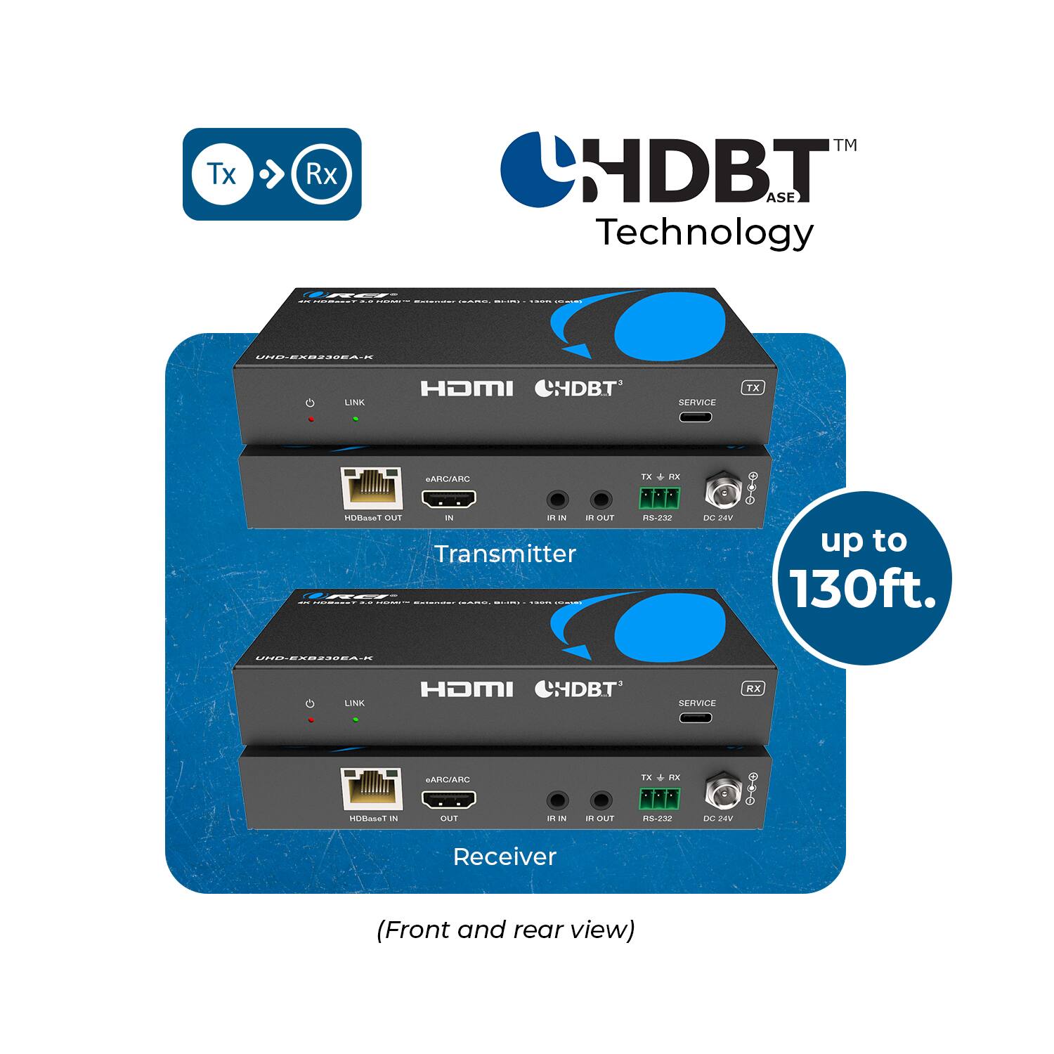 HDBT Technology

TX RX TM

LINK HDMI HDBT SERVICE TX AROVARO nUtuSl U 3 - - DUT Transmitter - I I : FN + X 05-292 2we up to 130ft. C.O..ER.0 LINK HOMI CHDBT SERVICE R GARVARO TX + XX nEooT - DUT - I i GUT 85.222 D eEV Receiver (Front and rear view)

(Front and rear view)