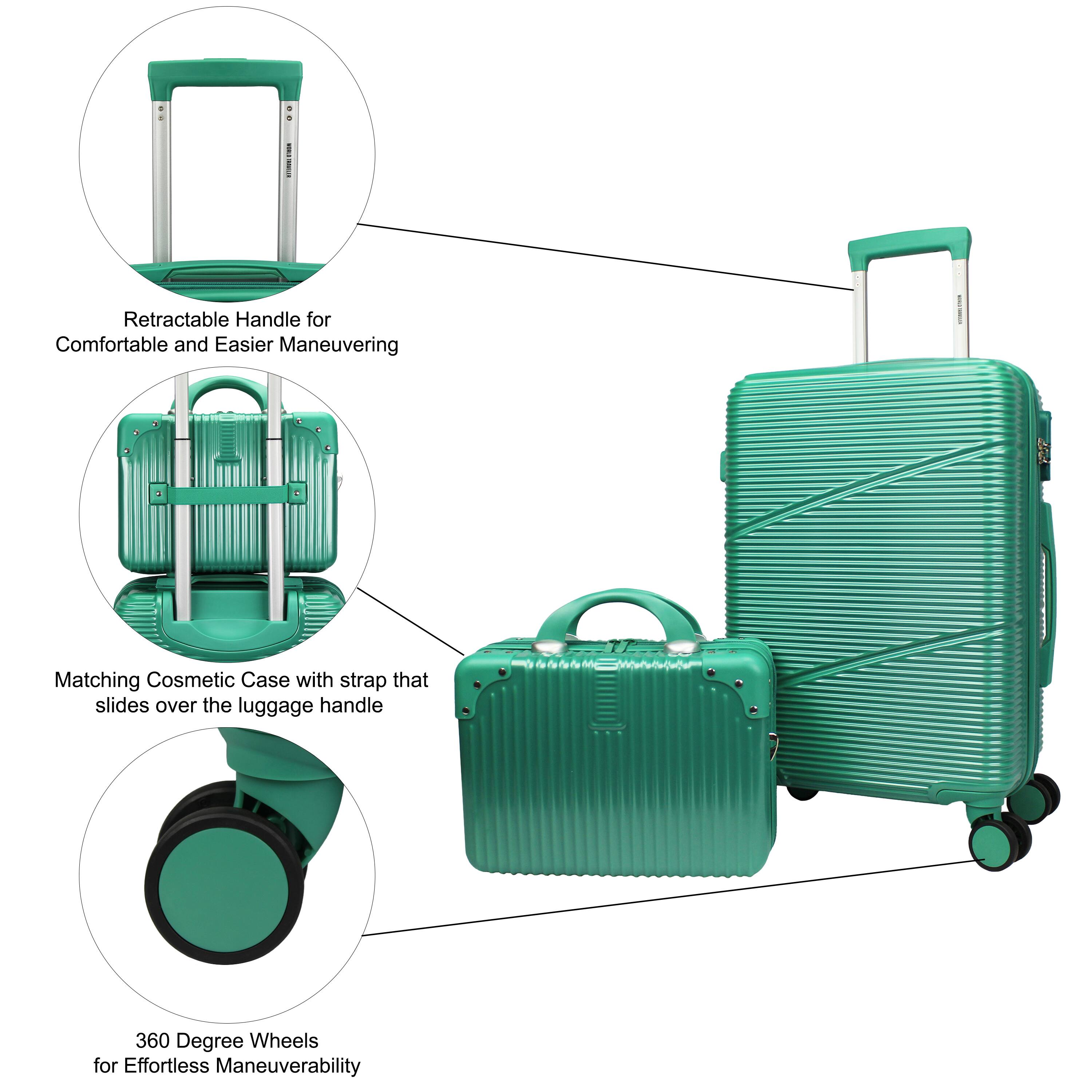 - Retractable Handle for Comfortable and Easier Maneuvering
- Matching Cosmetic Case with strap that slides over the luggage handle
- 360 Degree Wheels for Effortless Maneuverability