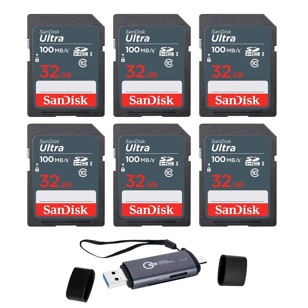 SANDISK - 32GB Ultra 100MBs SDHC Memory Cards, 6-Pack, Bundle with Green Extreme USB 3.0 Type-A and Type-C OTG Card Reader