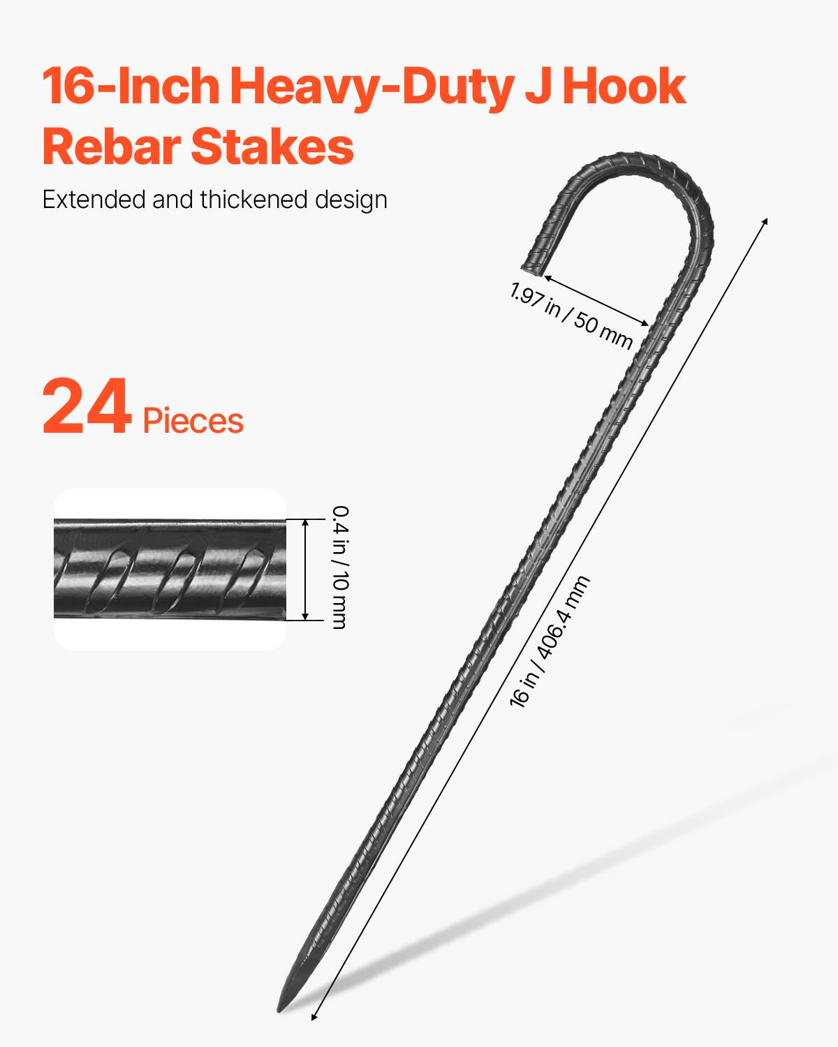 16-Inch Heavy-Duty J Hook Rebar Stakes Extended and thickened design 24 Pieces 1.97 in / 50 mm 0.4 in / 10 mm 16 in / 406.4 mm