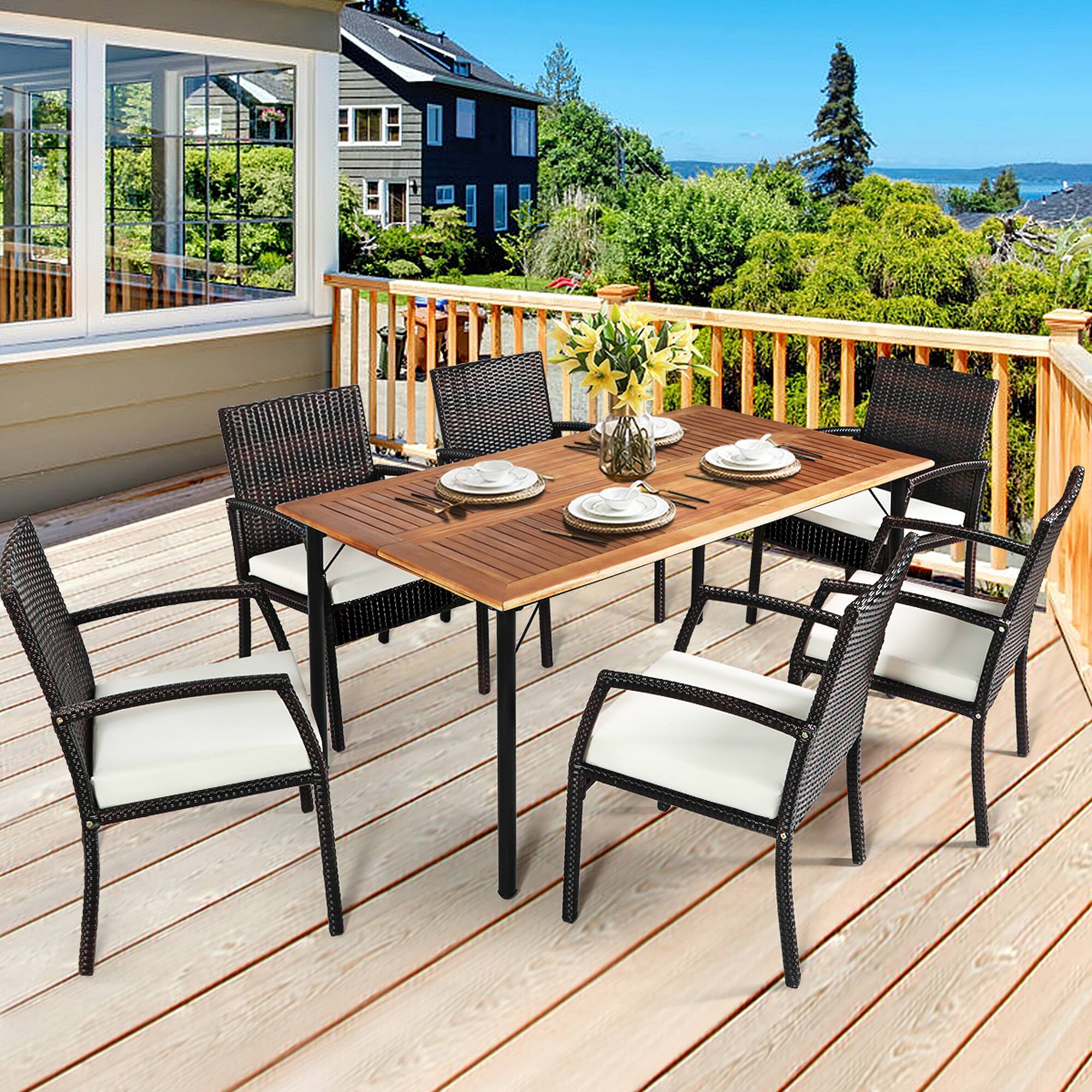 Alt View 5. Gymax - Gymax 7PCS Patio Dining Furniture Set w/ Wooden Tabletop Cushion Umbrella Hole - as pic.