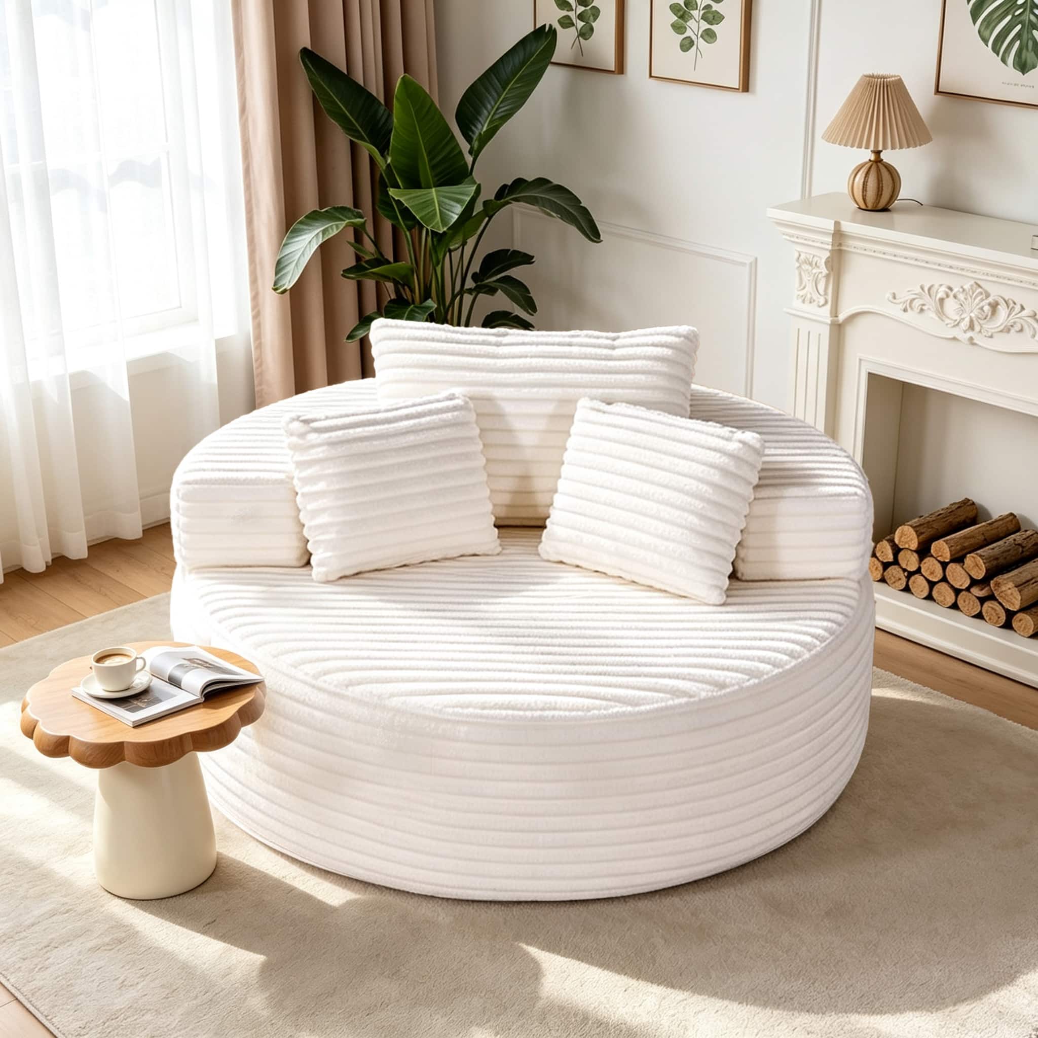 Electra Tech Xpress - Oversized Round Chaise Longue Chair, Boneless Chair, No Assembly Required - Beige white