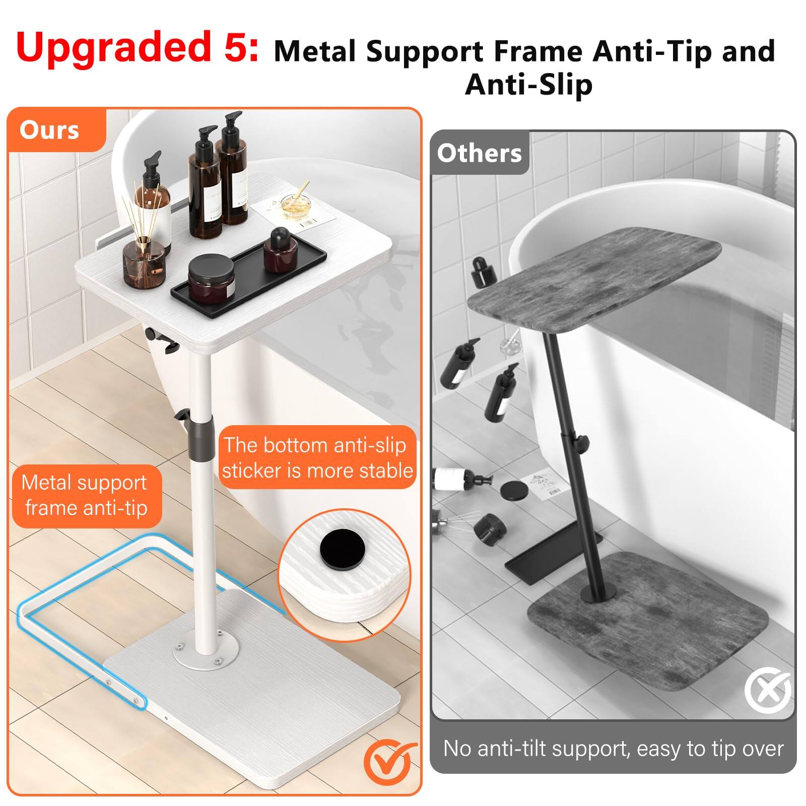 Upgraded 5: Metal Support Frame Anti-Tip and Anti-Slip

Ours
- Metal support frame anti-tip
- The bottom anti-slip sticker is more stable

Others
- No anti-tilt support, easy to tip over