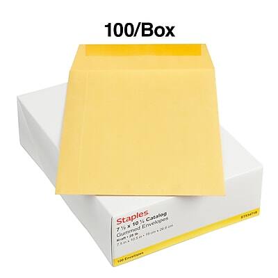 100/Box  
Staples  
7 1/2" x 10" Catalog Envelopes  
Gummed  
100 Envelopes  
ST5347