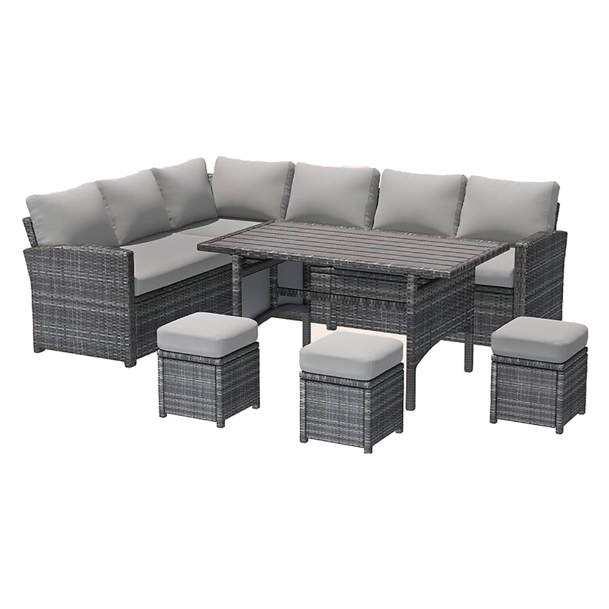 Back. Mondawe - 7-Piece Dining Set with Fireproof Plastic Wood Frame and Cushions - Grey.