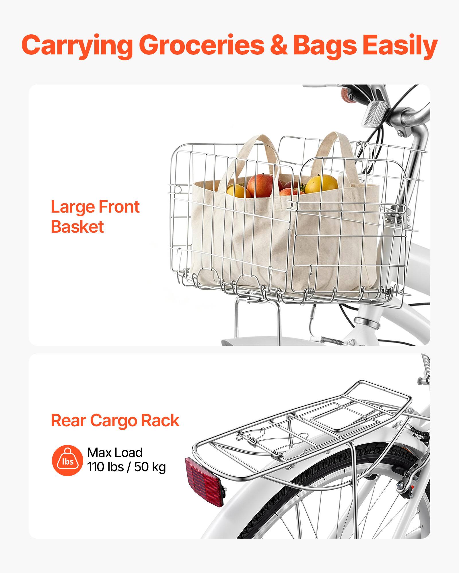 Carrying Groceries & Bags Easily

Large Front Basket

Rear Cargo Rack

Max Load
110 lbs / 50 kg